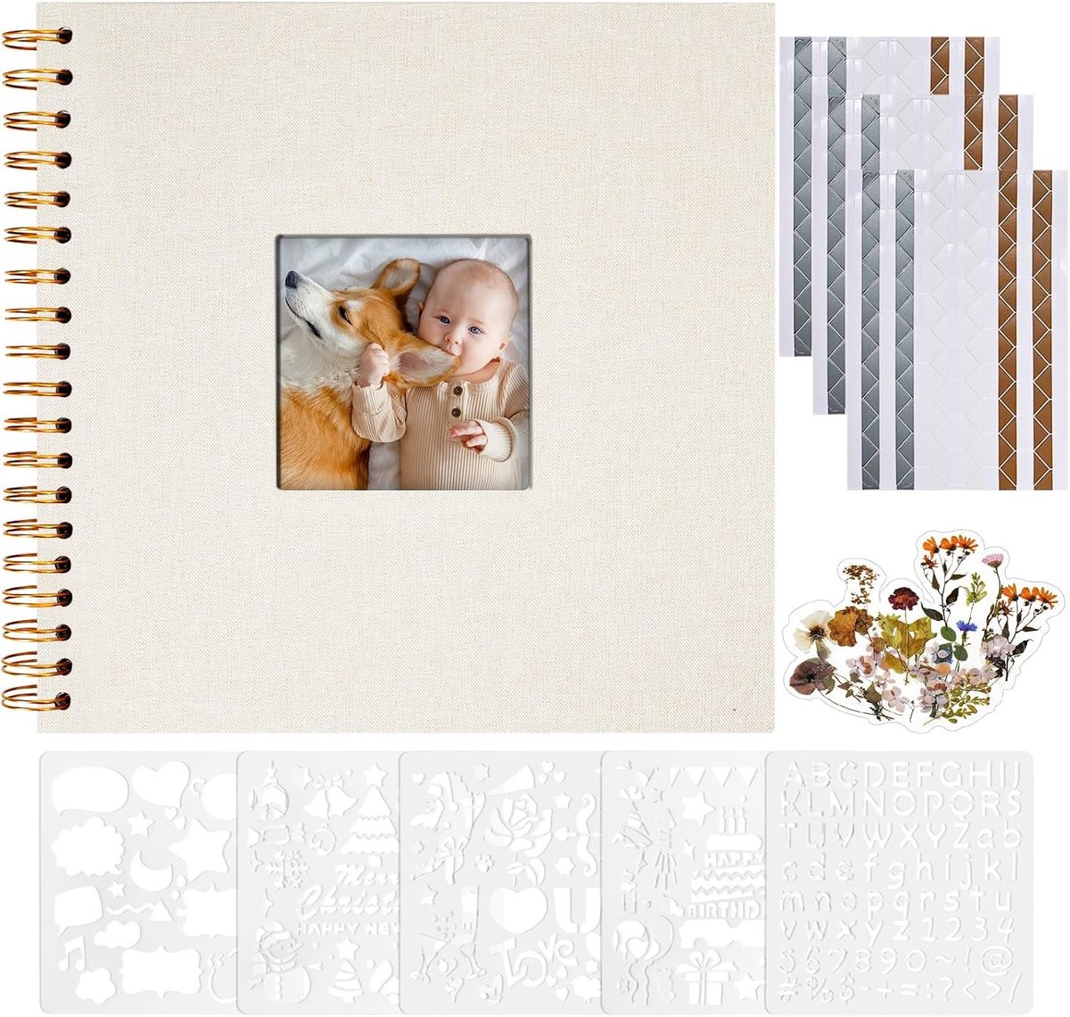 Scrapbook met Linnen Kaft, 20.5 x 20.5 cm, 40 Pagina's voor Foto's, Ideaal voor Bruiloften, Familieherinneringen en Reisverslagen, Beige Kraft Papier