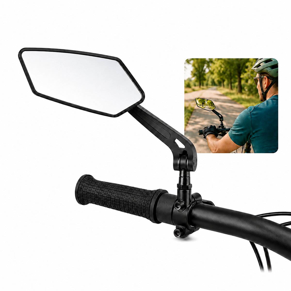 Fietsspiegel Links - 360° Draaibaar - Groot Glazen Spiegel - Ø20–24 mm - Zwart