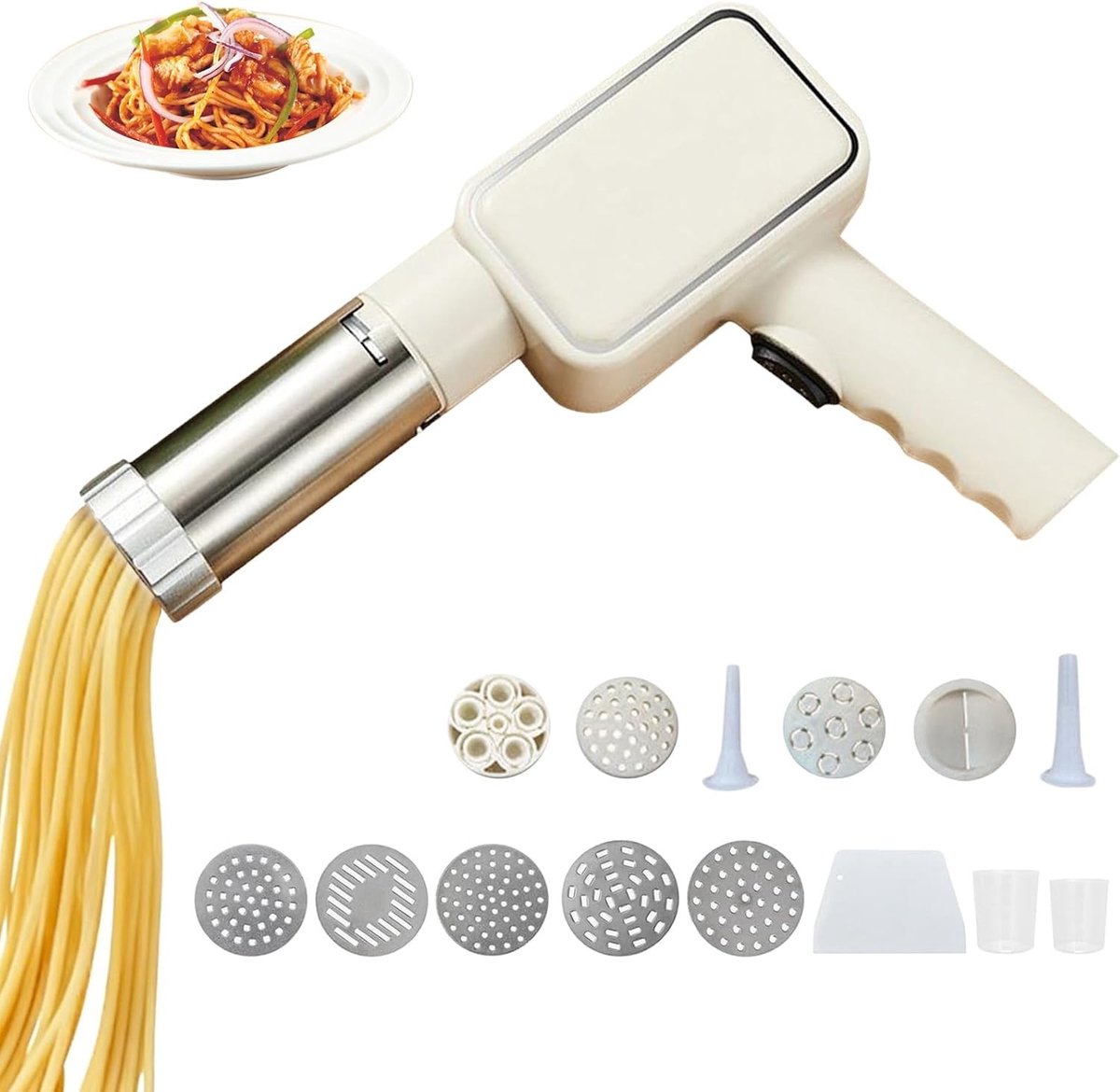 Draagbare Elektrische Pastamaker voor Thuisgebruik, Automatische Noodle Maker met 5 Schijven voor Spaghetti en Lasagne, RVS Ontwerp en Draadloos Gebruik