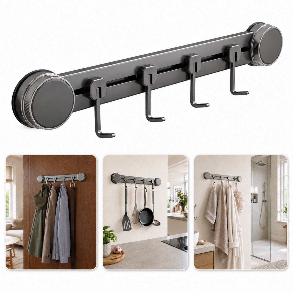 OUYLAF Zelfklevende haakjes voor Keukengerei, Haak met Zuignap, Pannenrek, Lengte 34 cm, Handdoekhaken, keukenorganizer, Verstelbare keuken organizer aanrecht, Geschikt voor keuken or badkamer en slaapkamer