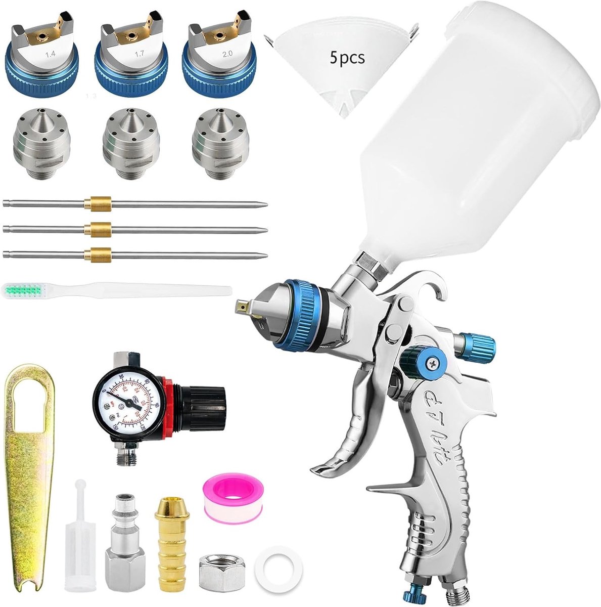 Professionele HVLP Verfspuitset met 3 Spuitmonden 1.4/1.7/2.0 mm, Luchtcompressor en 600 ml Plastic Beker voor Precisie Verfwerkzaamheden
