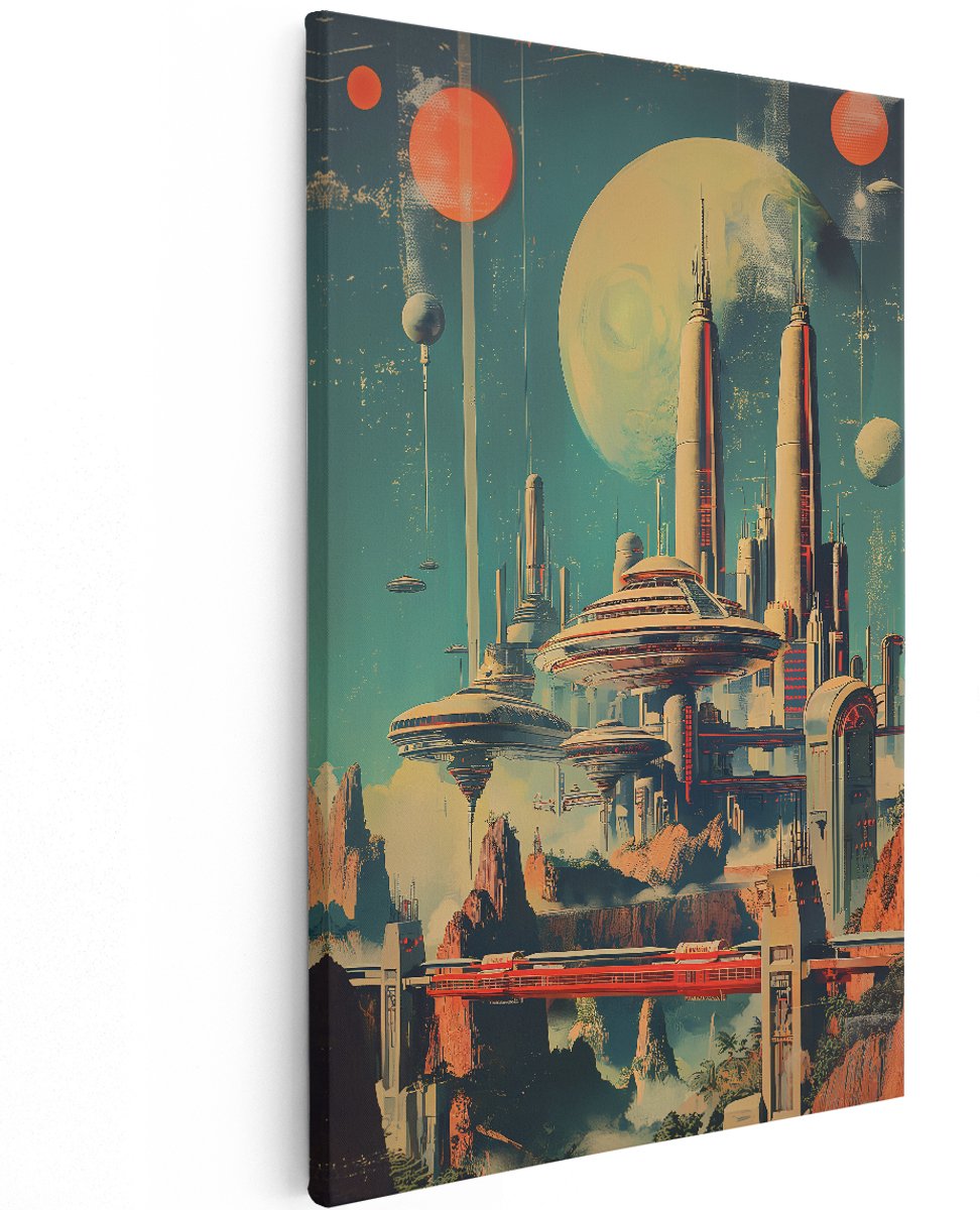 Artaza Canvas Schilderij Futuristische Stad - 100x150 cm - Groot - Wanddecoratie Retro - Muurdecoratie Vintage - Decoratie Ruimte Planeten