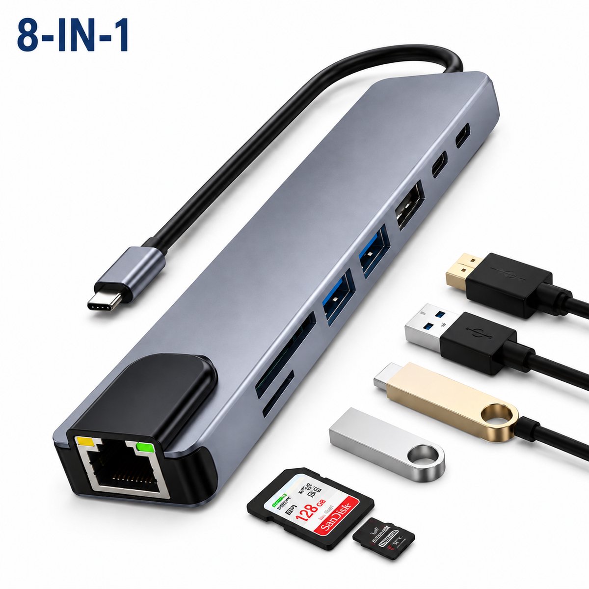USB-C Hub 8-in-1 - USB C Docking Station voor Laptop - USB Splitter en Multiport Adapter - 4K HDMI - USB 3.0 - Ethernet - SD/TF Kaartlezer - USB-C PD - 20 cm Kabel