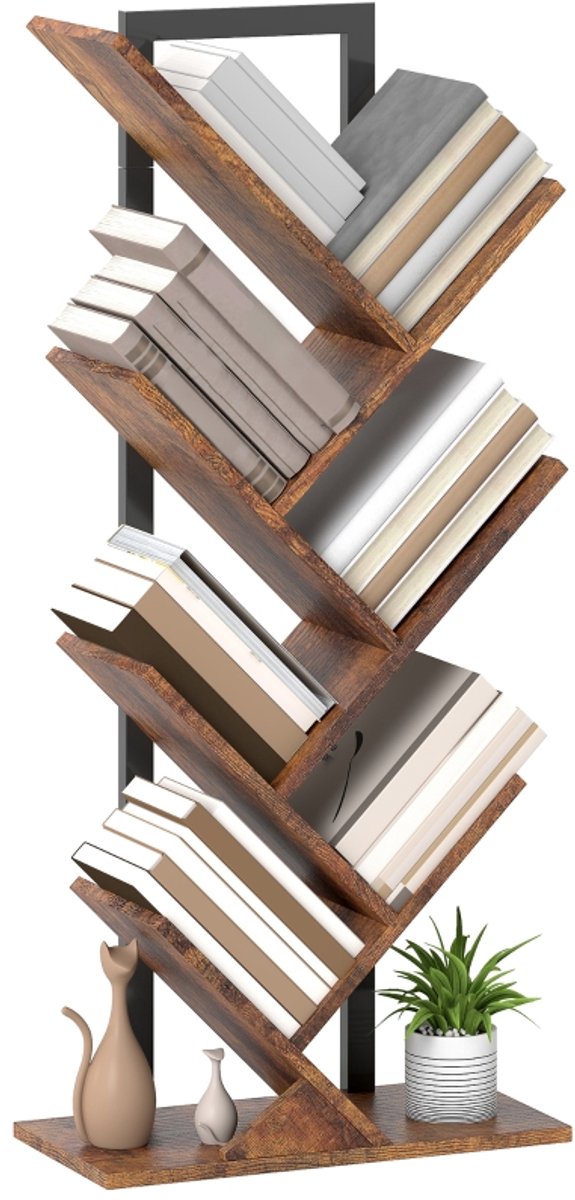 Boekenrek‑staand‑7 niveaus‑smal‑boomvorm‑voor kantoor‑rustiek bruin