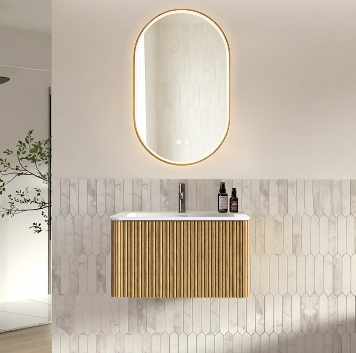 STILVORA Badmeubelset - Wandhangend Met LED Spiegel En Wastafelonderkast - Ruimtebesparend Voor Badkamer - Houtlook - Eikenkleur - 80 Cm