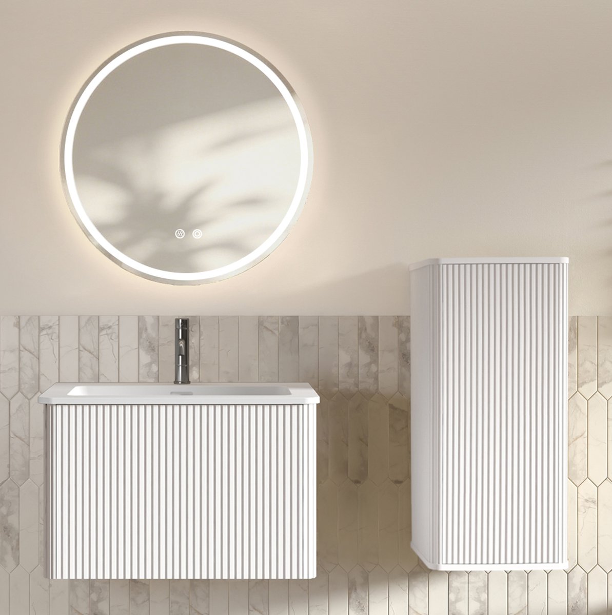 STILVORA Badkamerkast Set - Wandhangend Met Wastafel En Led Spiegel - Met Zijkast Voor Kleine Badkamer - Hout Glas - 60 Cm - Wit