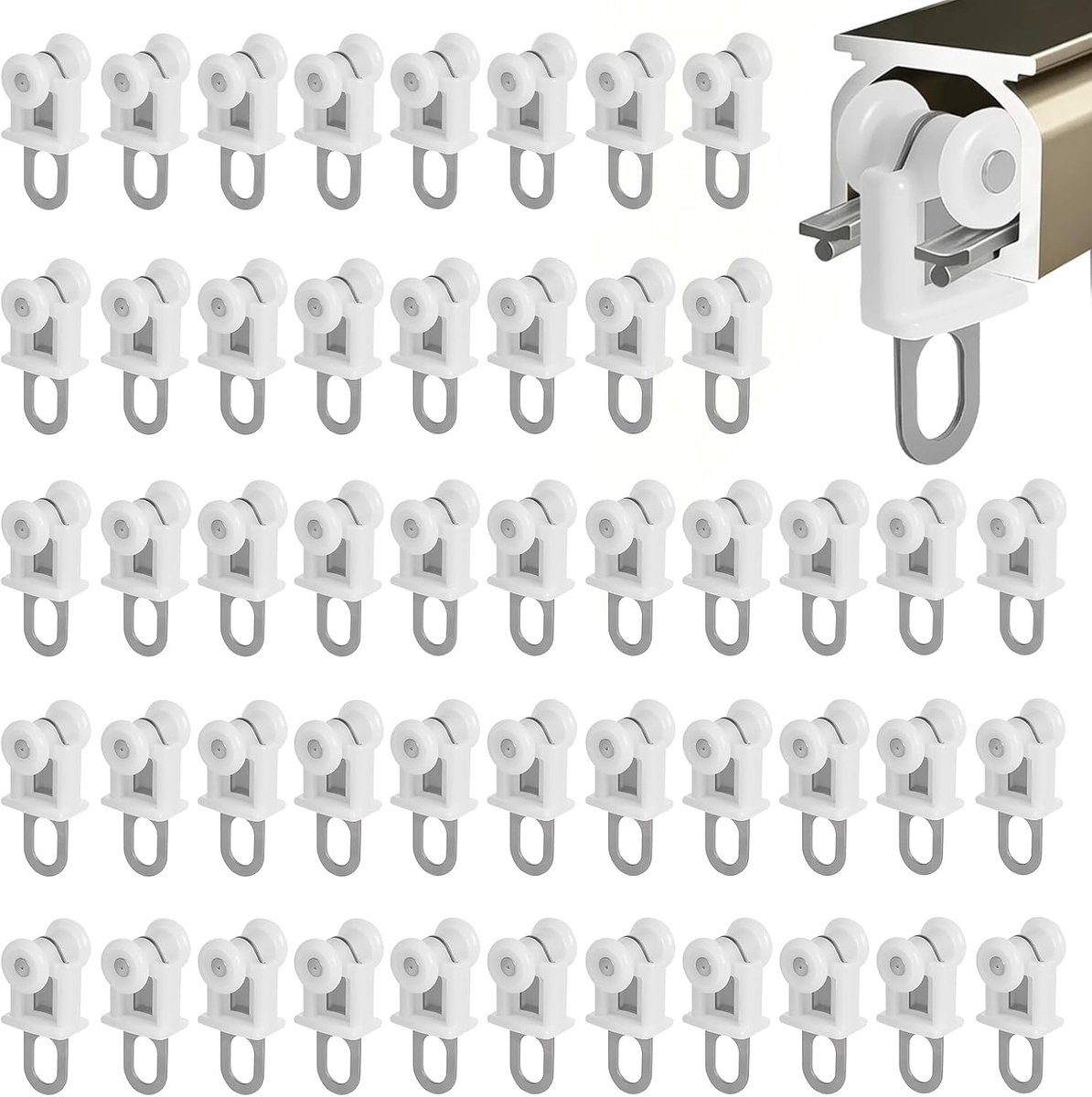 Gordijn runners voor u rail - Wit - 3,2 x 1,3 x 1,6 cm - Stille glijders met aluminium ring - Voor huishoudelijk gebruik