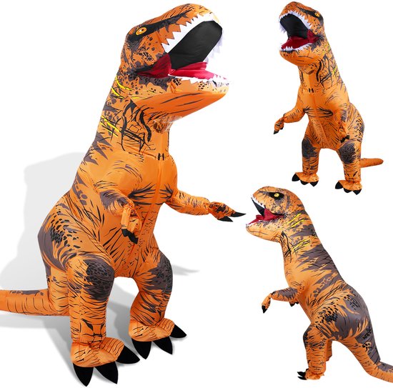 Opblaasbaar T-Rex dinosaurus kostuum in oranje met zwarte tijgerstrepen en gele accenten. Grote, open bek met tanden.