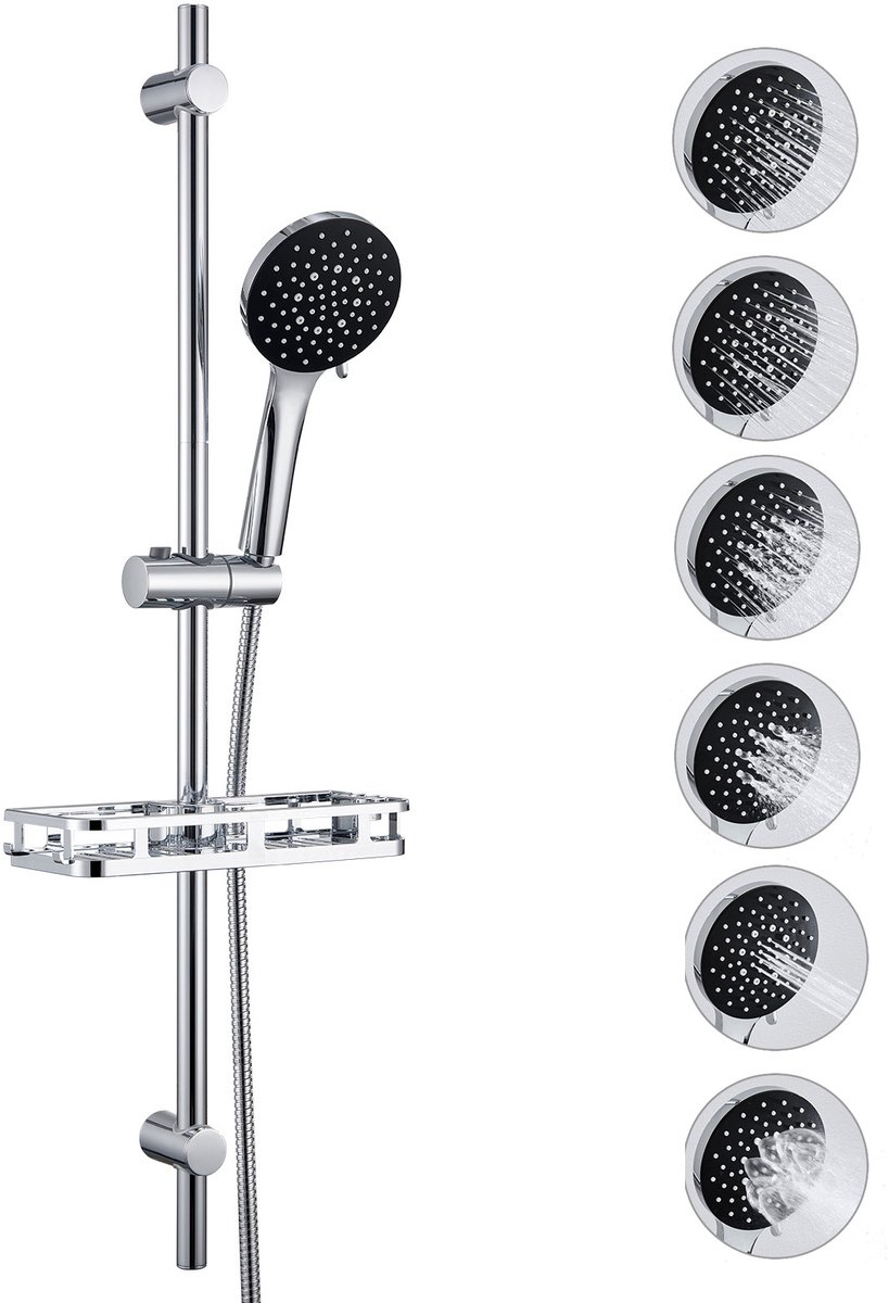 Auralum Max Doucheset met Handdouche - 90 cm Glijstang - Douchekop Ø 12 cm - 6 Standen Handdouche - Inclusief Boorvrije Plank - Doucheslang 150 cm - RVS Complete Glijstangset - Waterbesparend - Chroom&Zwart