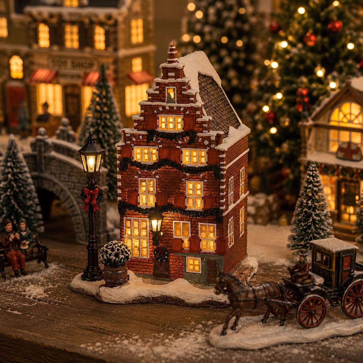 Luville Kerstdorp Miniatuur Grachtenpand - Kerstversiering en Guirlande Details voor een Sfeervolle Decoratie - Kerst Decoratie voor Binnen - L10,5 x B11,5 x H18,5 cm - Bruin – foto 8
