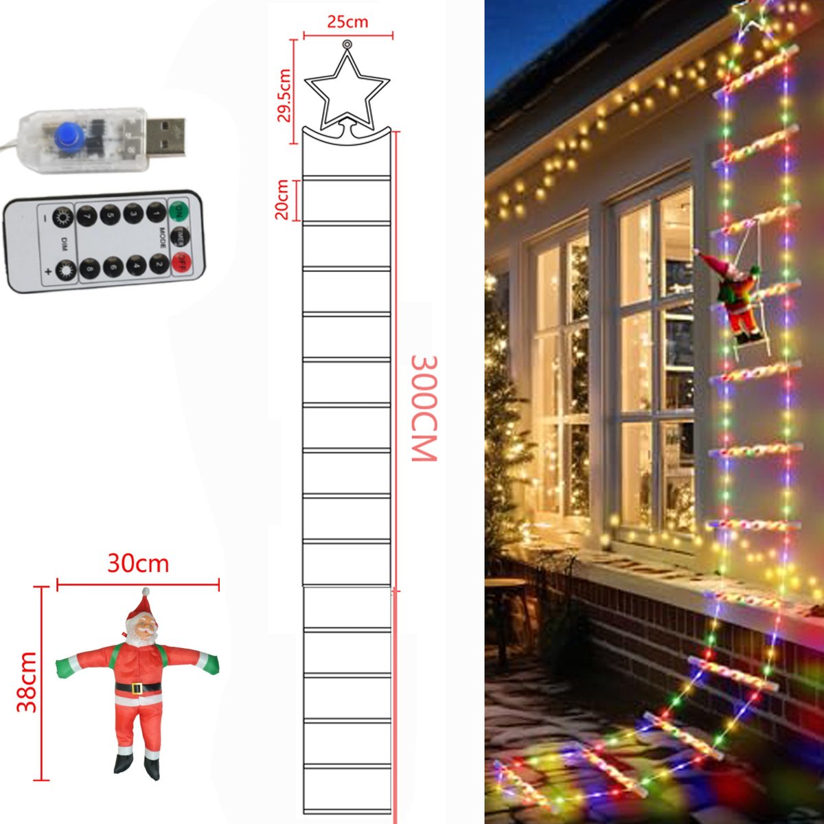Kerstverlichting met Kerstman op ladder - 3,2 m 295 LEDs kerst lichtsnoer met 8 modi, USB aangedreven met afstandsbediening - LED klimmende Kerstman Kerstversiering voor buiten, binnen, raam, balkon, kerstboom decoratie – foto 3