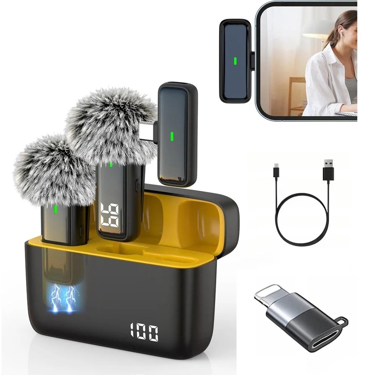 Veya Draadloze microfoon - Voor USB-C - Met iPhone adapter - Microfoon draadloos - Zwart - Ruisonderdrukking - Oplaadetui