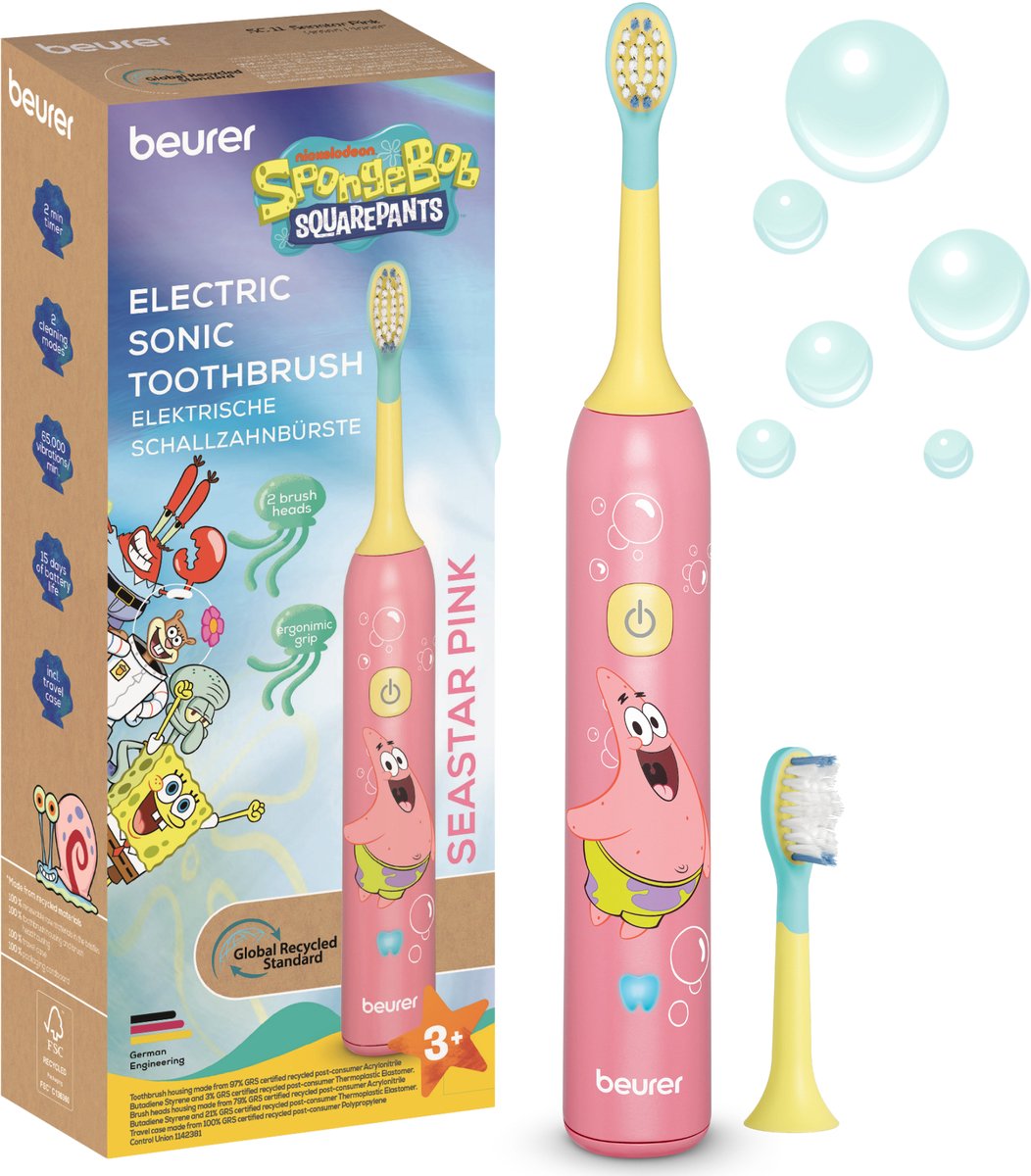Beurer SC 11 SpongeBob Elektrische Tandenborstel Kind – Sonische Tandenborstel voor Kinderen 3-12 jaar – Tot 65.000 Bewegingen/min – 2 Opzetborstels 3+ & 6+ – USB-C – Seastar Pink