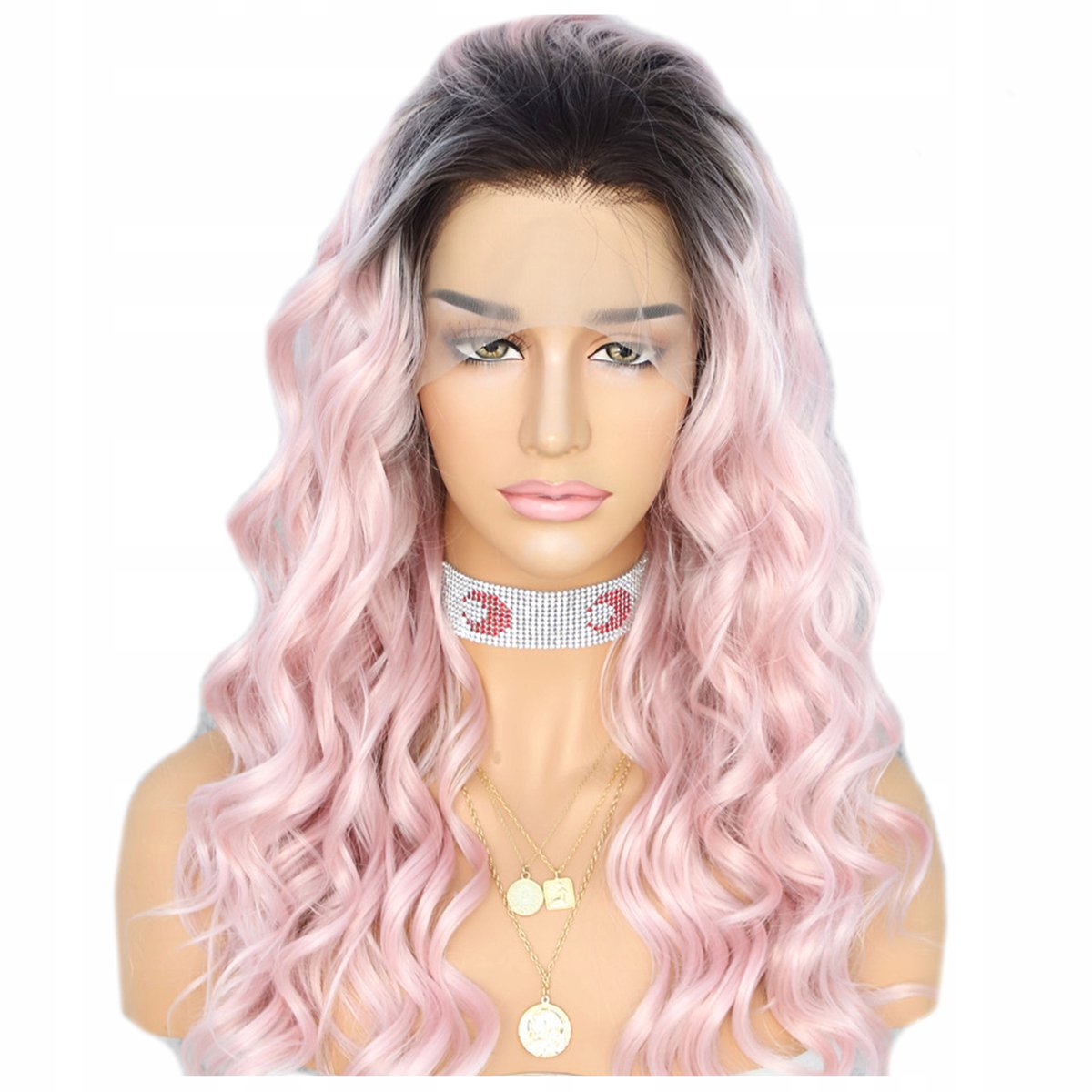 Lange Krullende Roze Lace Front Pruik - Natuurlijke Look