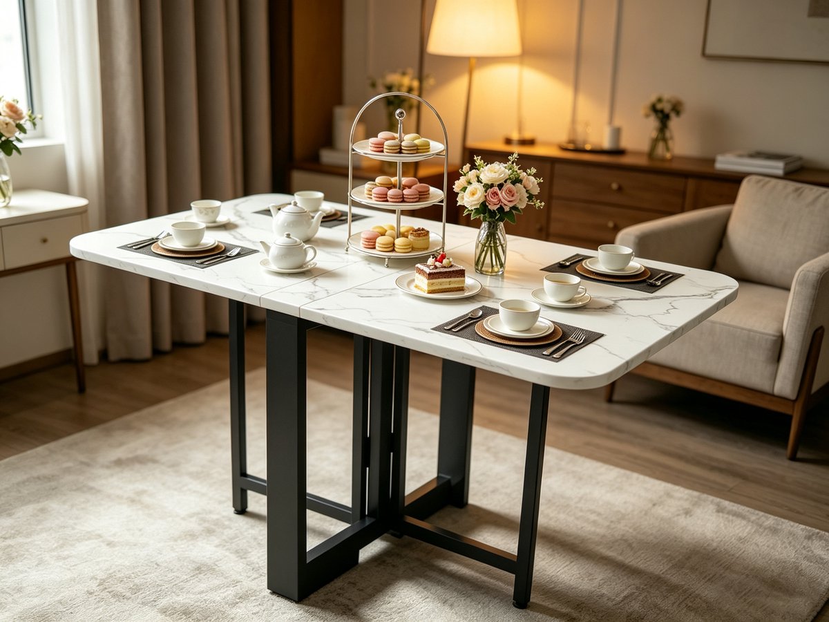 Deze opklapbare eettafel meet 120 x 60 cm heeft een wit tafelblad met marmerlook een zwart metalen frame en een uitschuifbaar blad Hij is ideaal voor gezinsmaaltijden en om van een kopje koffie te genieten
