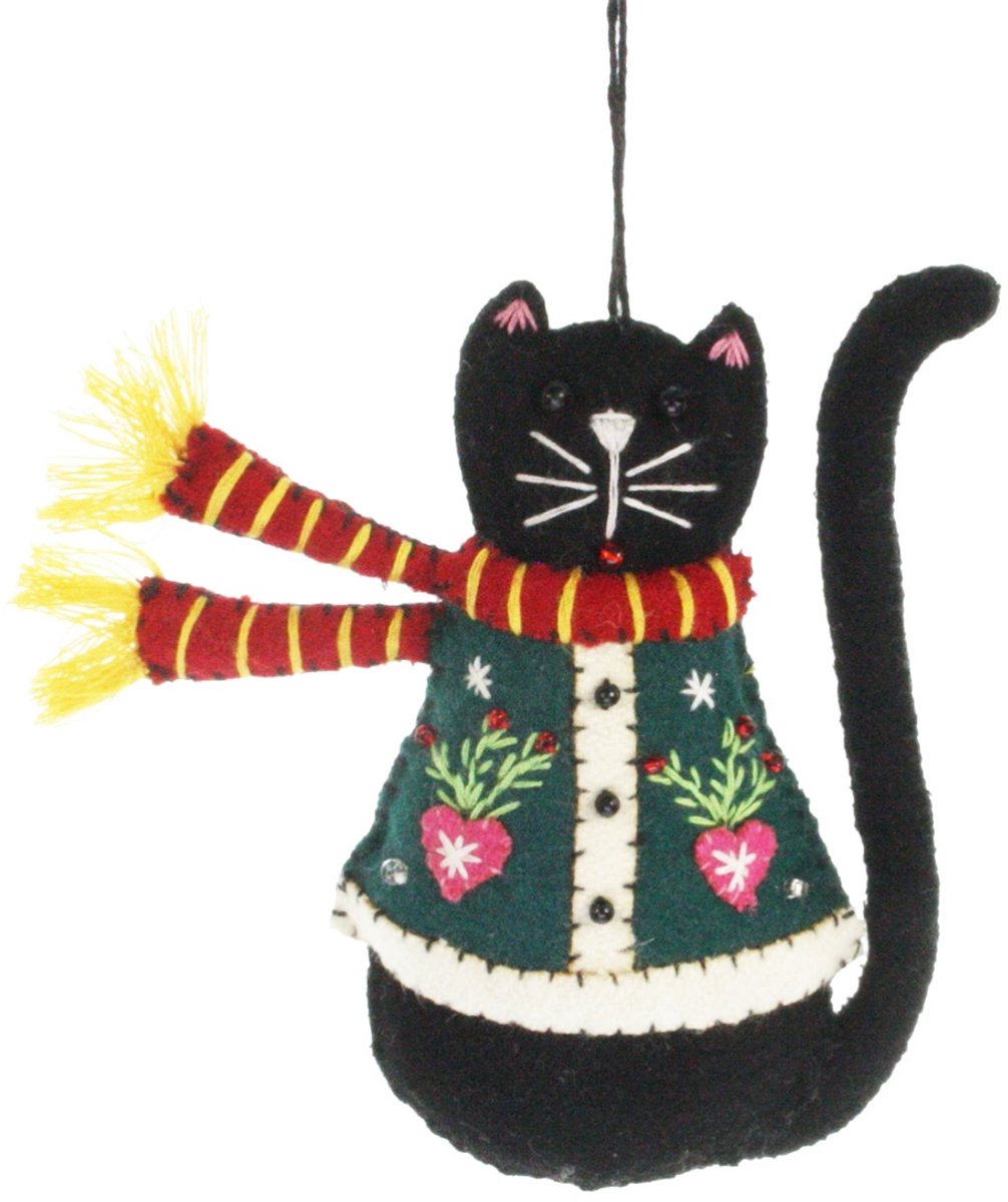 Kat met sjaal zwart/ groen, vilt 9x2x10cm