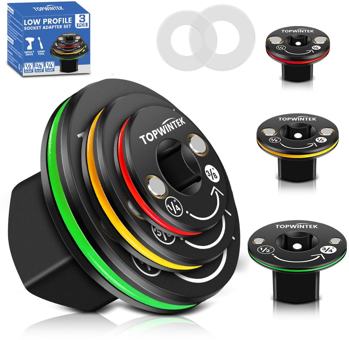 Mr. Wintek 3-delige low-profile dopsleuteladapterset, 1/4" naar 3/8", 3/8" naar 1/2", 1/2" naar 3/4", kleur gecodeerd - ShopVlot