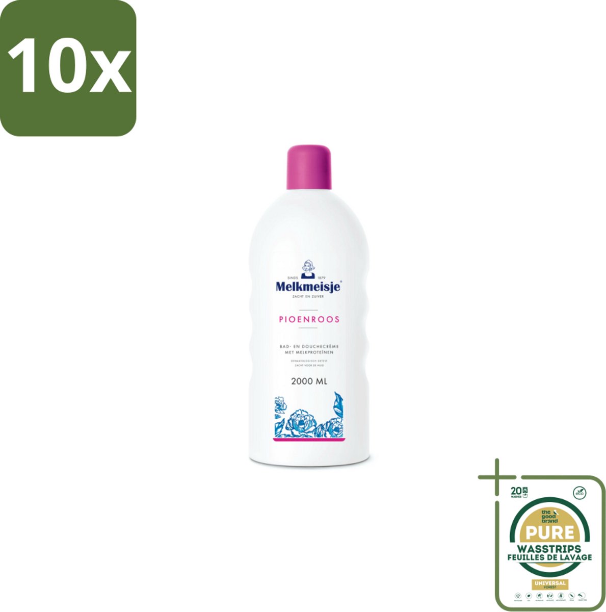 10 x Melkmeisje Bad en Douche Crème Pioenroos 2000 ml - Grootverpakking - Douchecrème - Melkproteïnen - Katoen - Huidverzorging - Pioenroos