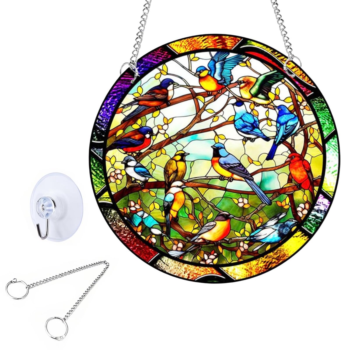 DINGFENG Gebrandschilderd glas Suncatcher Robin Bird, zonnevangers voor ramen 20 x 20 cm acryl met ketting, Robin - ShopVlot