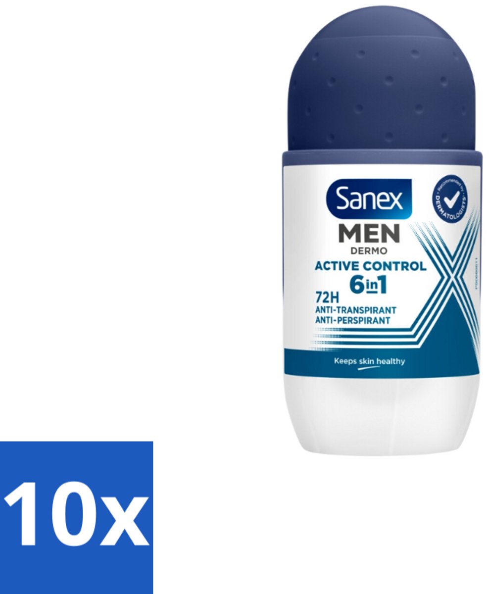 10 x Sanex Deodorant Roller Men Active Control 53 ml - Mannelijke Deodorant - Deodorant Voor Mannen - Deodorant Roller - Anti-irritatie Deodorant - Huidvriendelijke Deodorant