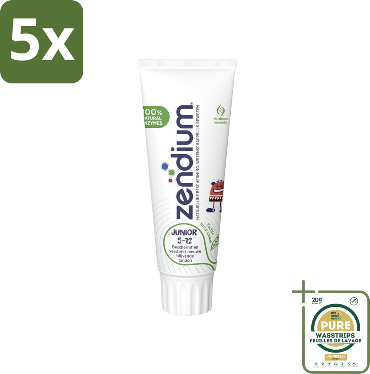 5 x Zendium Tandpasta Junior 75 ml - Grootverpakking - Tandpasta Voor Kinderen - Melktanden Beschermen - Volwassen Tanden Beschermen - Natuurlijke Enzymen - Eiwitten In Tandpasta