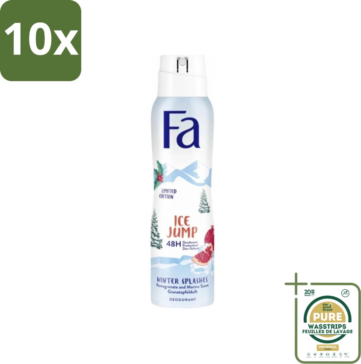 10 x Fa - Deodorant Spray - Winter Splashes Ice Jump - Koel - 48 uur Bescherming - 150 ml - Grootverpakking - Deodorant Spray - Winter Splashes Ice Jump - 48 Uur Bescherming - Koel - Fris