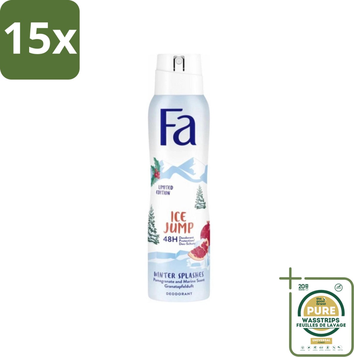 15 x Fa - Deodorant Spray - Winter Splashes Ice Jump - Koel - 48 uur Bescherming - 150 ml - Grootverpakking - Deodorant Spray - Winter Splashes Ice Jump - 48 Uur Bescherming - Koel - Fris