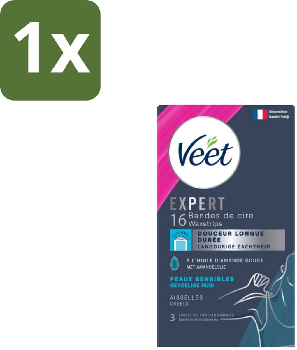 1 x Veet – Ontharingsstrips – Expert Gevoelige Huid Oksels – 16 Strips - Oksels Ontharen - Gevoelige Huid Ontharen - Waxstrips Oksels - Ontharing Oksels - Amandelolie Ontharing
