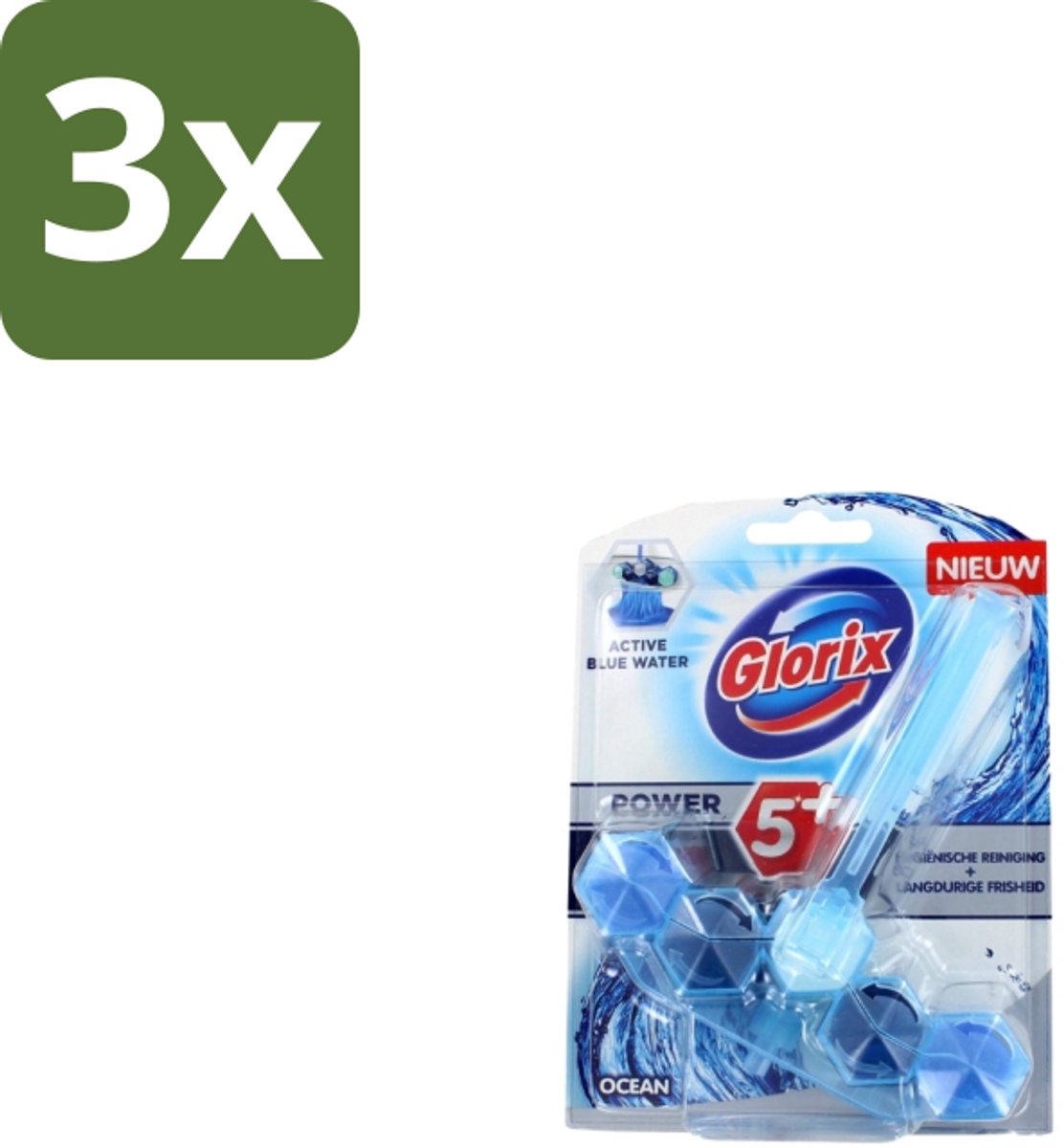 3 x Glorix – Toiletblok – Blauw Water Ocean – Fris - Toiletblok - Blauw Water - Reiniging - Kalkvoorkomend - Fris Toilet