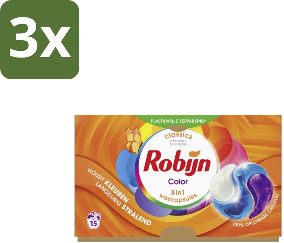 3 x Robijn Wascapsules 3-in-1 Color 15 stuks per verpakking - Kleurbehoud - Wascapsules - Was - Wasverzachter - Biologisch Afbreekbaar
