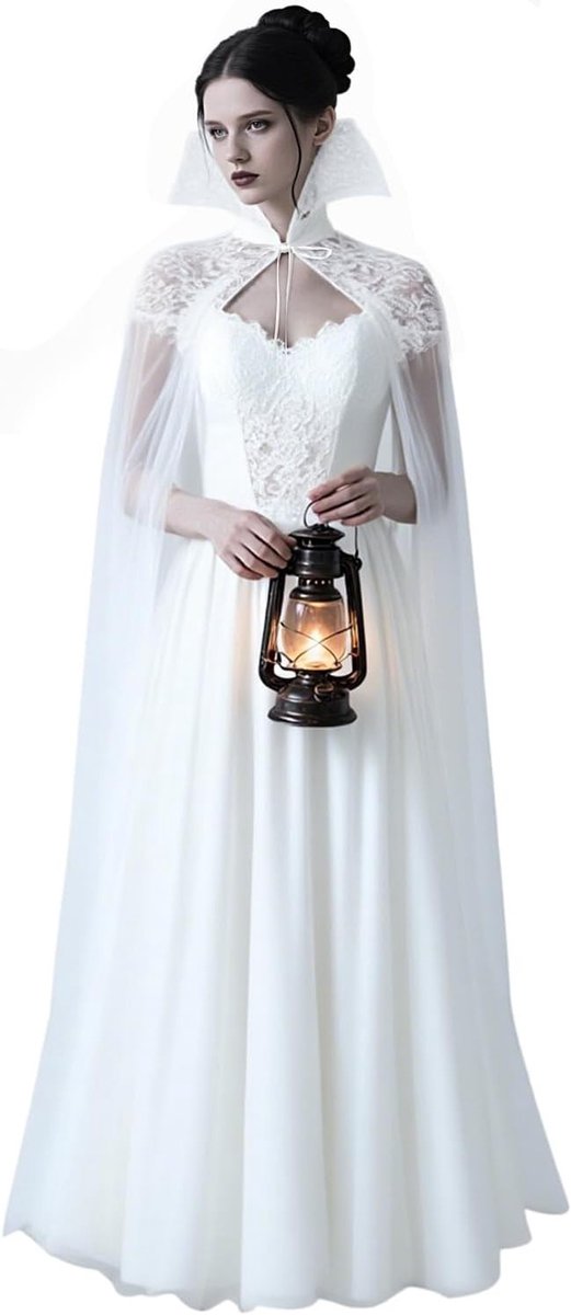 Gothic Lange Zwarte Tulle Vampier Cape met Opstaande Kraag en Kant voor Dames, One Size, Perfect voor Halloween en Cosplay