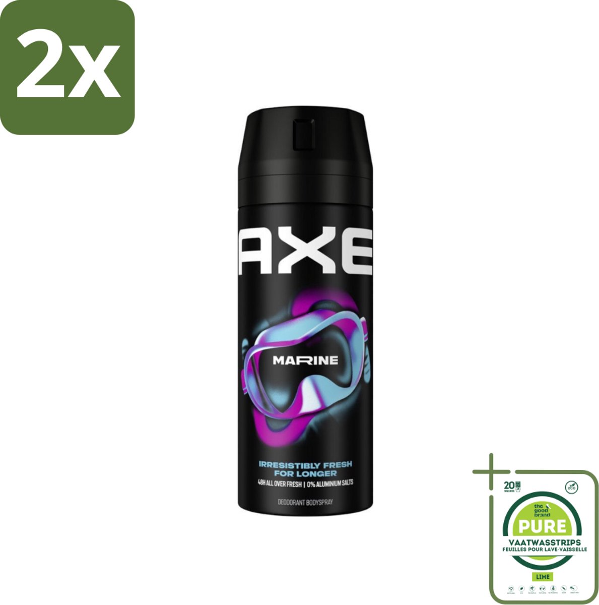 Axe - Deodorant Bodyspray - 100% Fresh Fragrance - Marine - Sea Breeze & Sage - 150 ml - Voordeelverpakking - 2 stuks - Axe marine deodorant - Zeebries geur