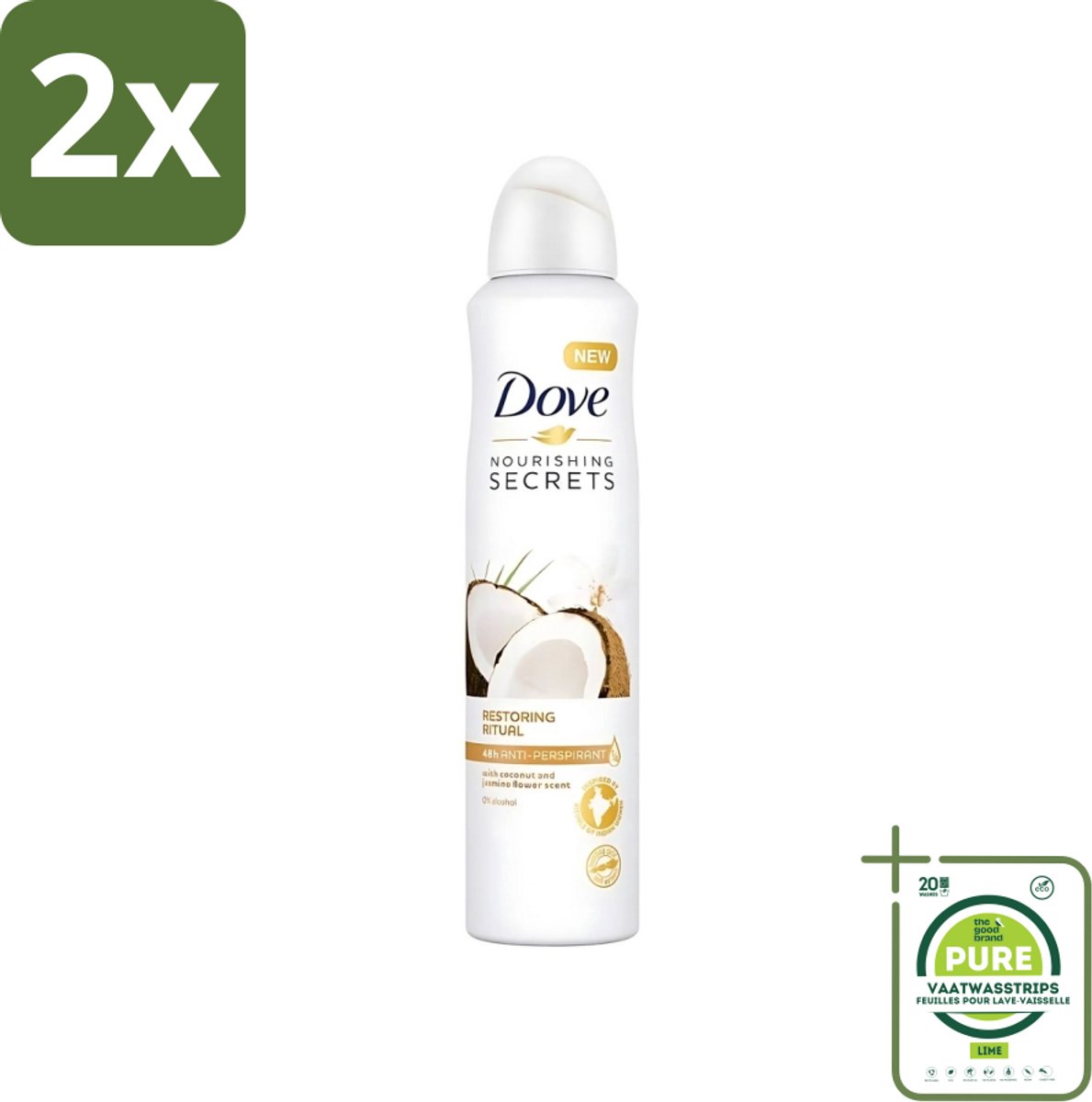 Dove - Deodorant - Coconut & Jasmine Flower - Tropisch en verzorgend - 250 ml - Voordeelverpakking - 2 stuks - Dove deodorant spray - Kokos en jasmijn