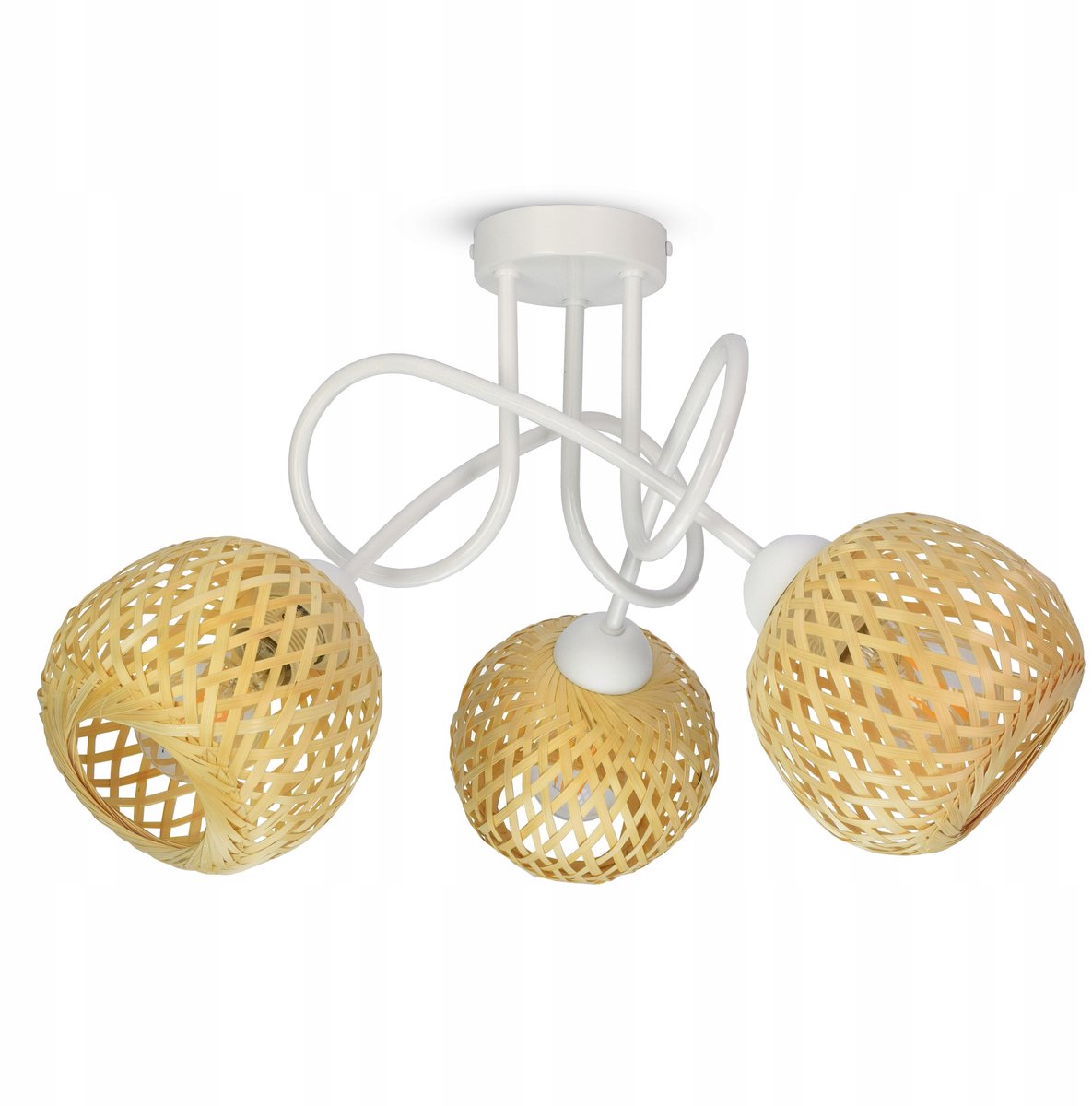 Bamboe Plafondlamp Gevlochten Boho Stijl - Wit, 3-Lichts E27