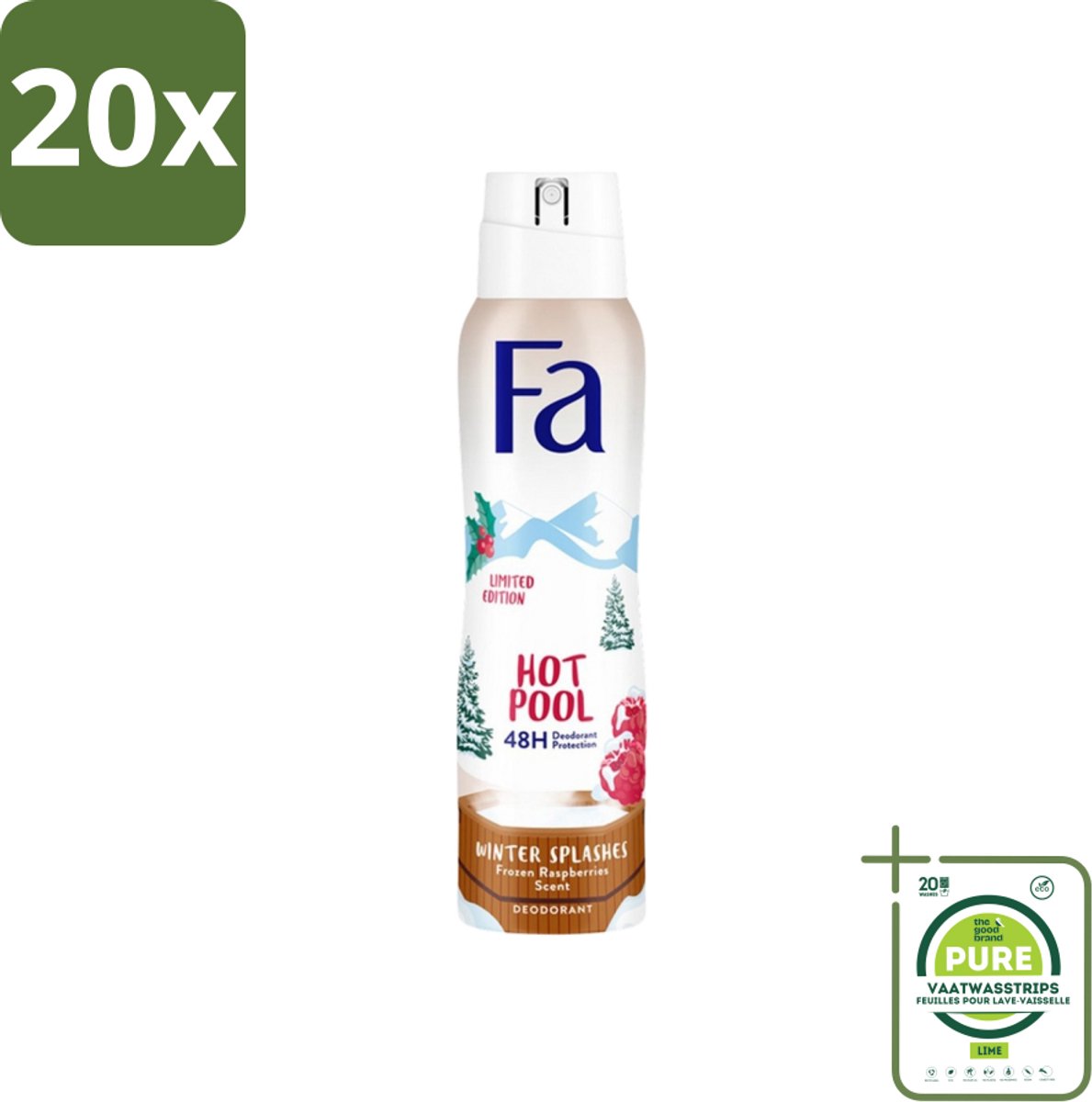 20 x Fa - Deospray - Winter Splashes - 48 uur Bescherming - Frozen Raspberry - Verfrissend & Fruitig - 150 ml - Grootverpakking - 48 Uur Bescherming - Zweet - Geur - Frambozen - Deospray