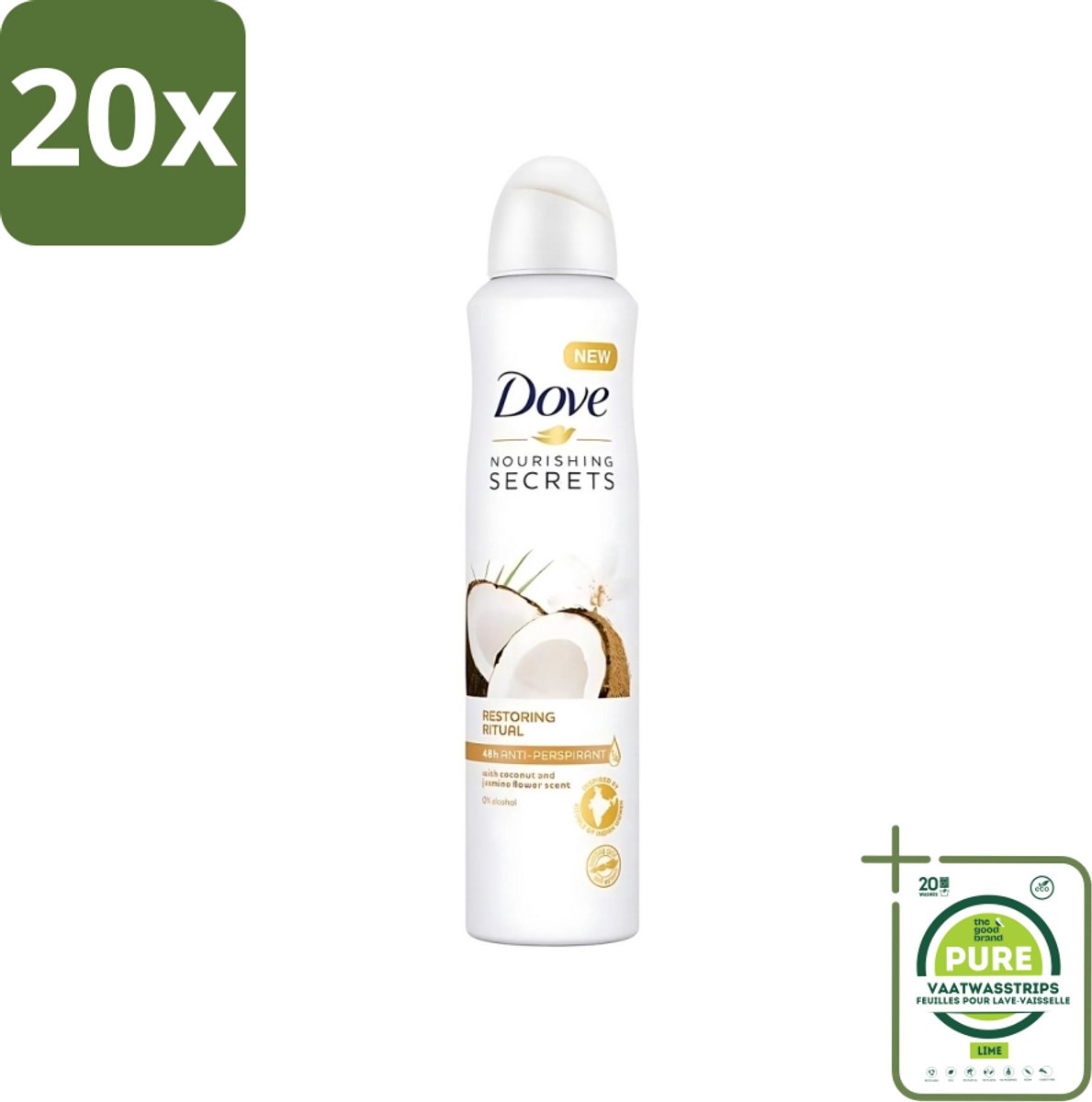 20 x Dove - Deodorant - Coconut & Jasmine Flower - Tropisch en verzorgend - 250 ml - Grootverpakking - Dove Deodorant Spray - Kokos En Jasmijn - Anti-transpirant Spray - Zachte Oksels - Geur Van Kokos En Jasmijn