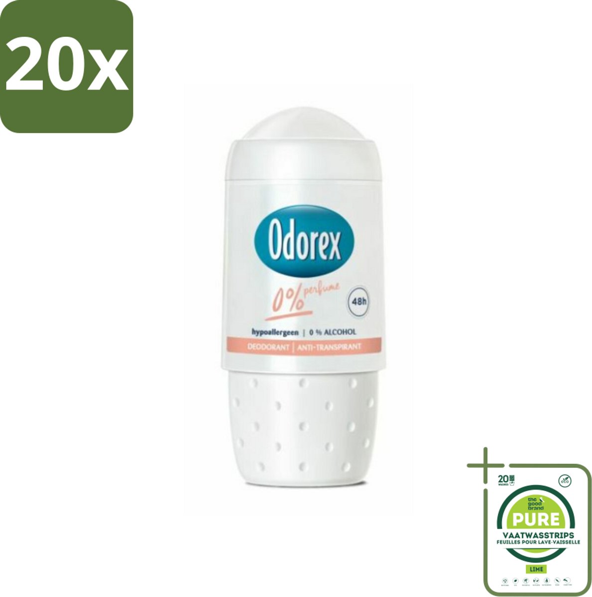 20 x Odorex Deodorant Roller 0% 50 ml - Grootverpakking - 0% Parfum - 0% Alcohol - Hypoallergenisch - Gevoelige Huid - Deodorant Roller