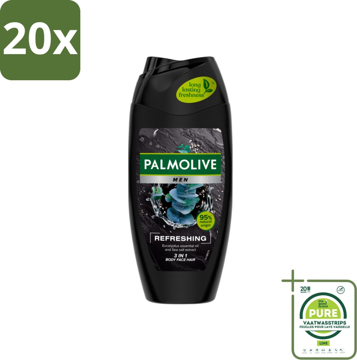 20 x Palmolive Men 3-in-1 Body Face Hair Refreshing Etherische Eucalyptusolie Zeezoutextract 250 ml - Grootverpakking - Douchegel Voor Mannen - Verfrissende Douchegel - Fris En Verzorgend - Citrus En Eucalyptus - Glycerine