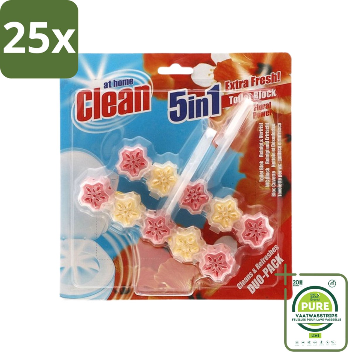 25 x At Home - Clean - Toiletblok - 5in1 Active - Floral Power - Neutraliseert & Reinigt - 2 Blokken - Grootverpakking - Toilet Reinigen - Toilet Blok - Toilet Geur - Toilet Reinigingsmiddel - Bloemige Geur