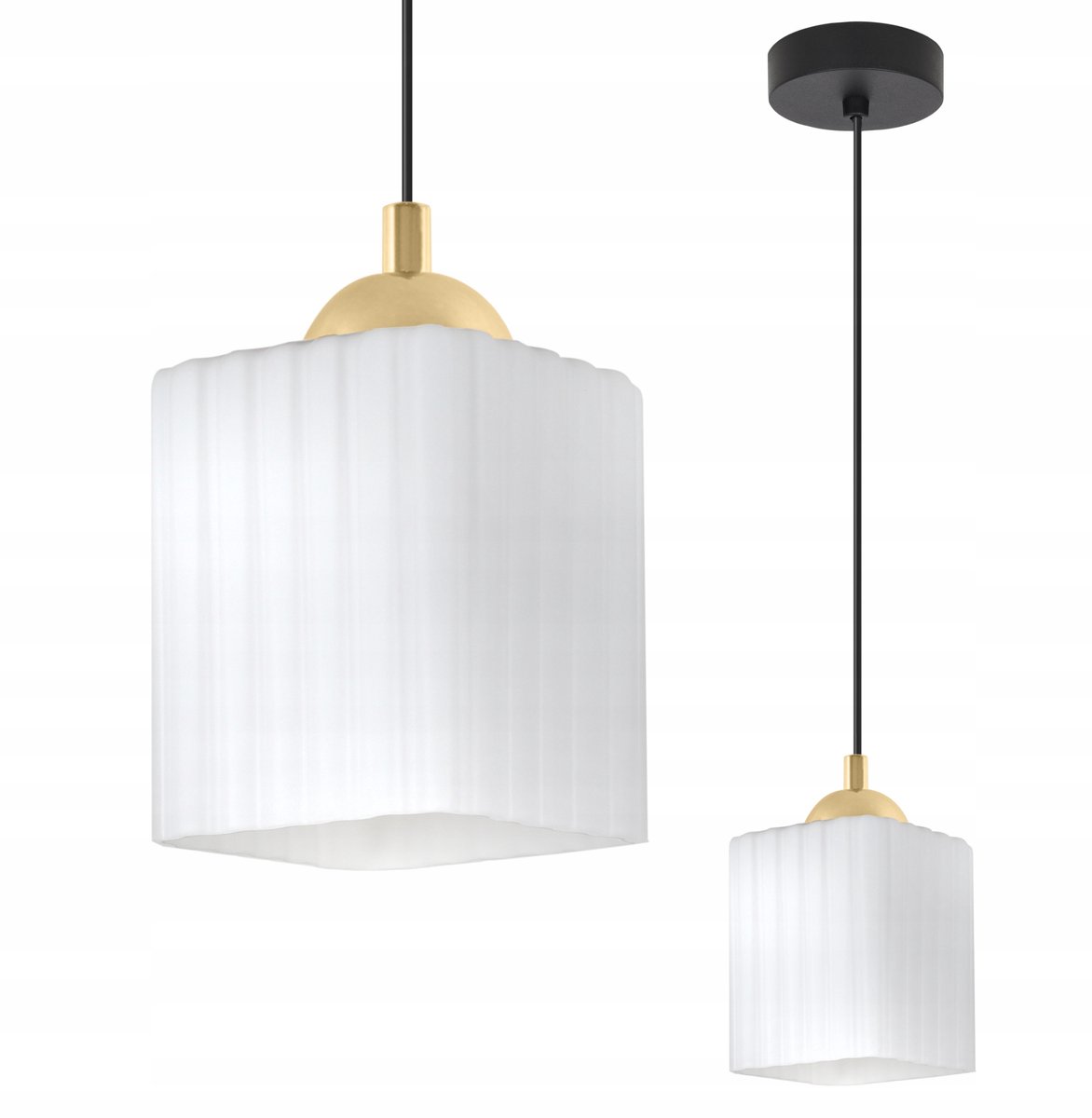 Merkloze Hanglamp Zwart/Goud met Geribbelde Witte Glazen Kap E27