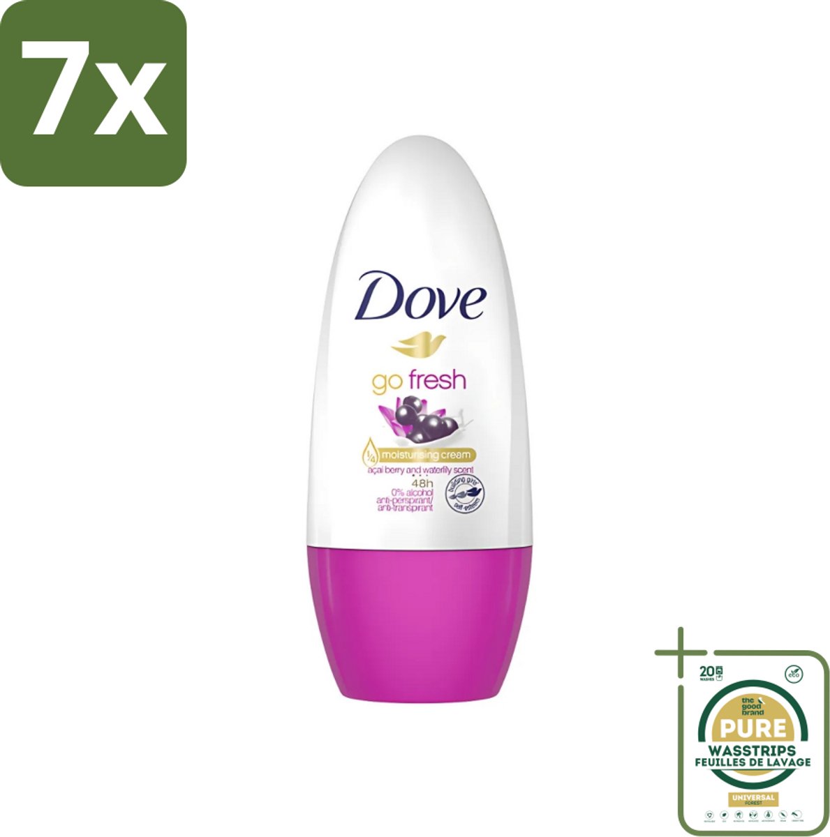 7 x Dove - Deodorant - Roller Go Fresh Acai Berry & Waterlily - Frisse geur - 50 ml - Grootverpakking - Açaí Berry & Waterlily - Fris - Vrouwelijk - Anti-transpirant - Roll-on Deodorant