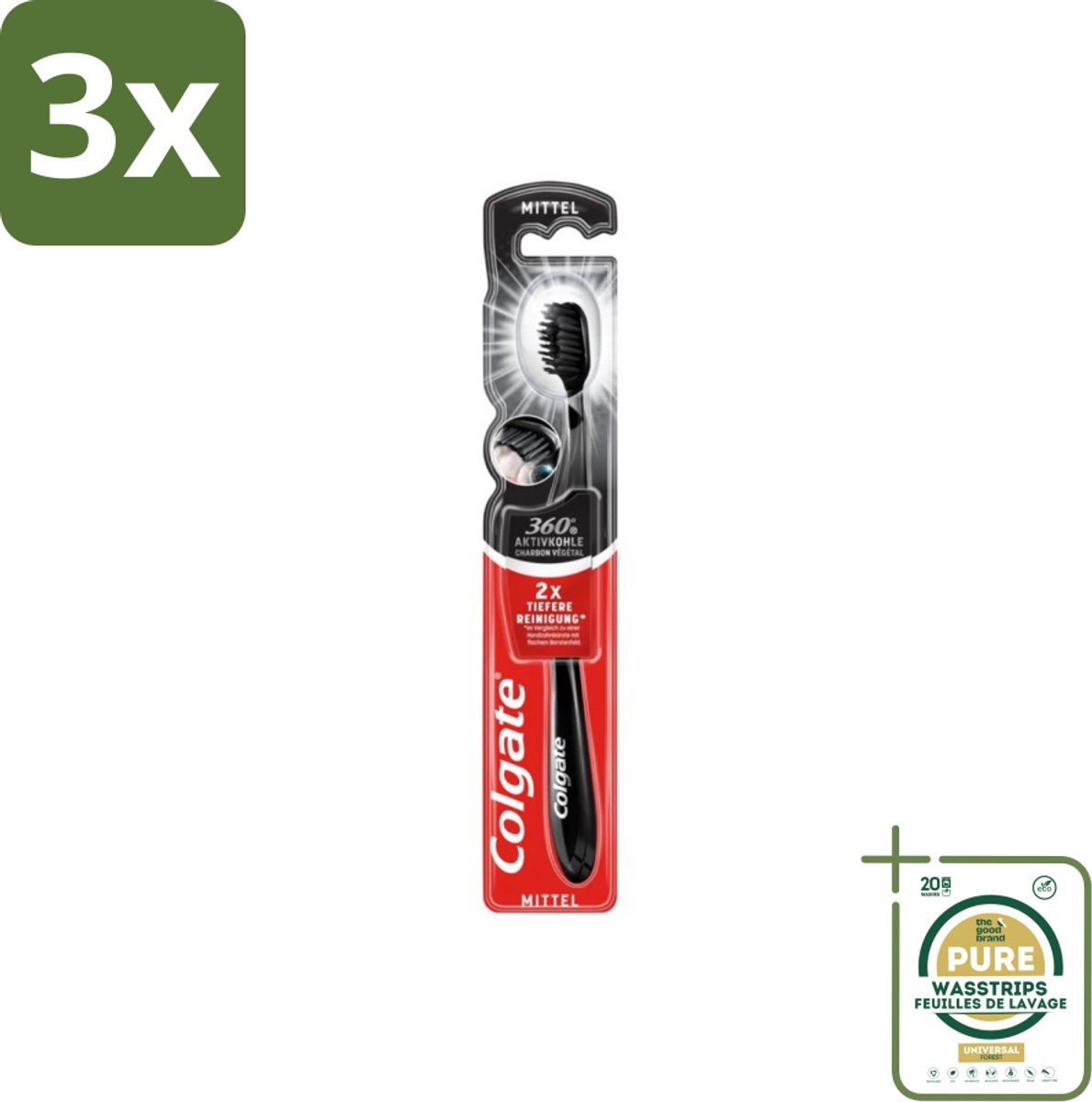 3 x Colgate - Tandenborstel - Charcoal Black 360 Medium - Zwart - 1 Tandenborstel - Grootverpakking - Tandenborstel - Houtskool - Tandenborstel Houtskool - Mondverzorging - Tandenborstel 360