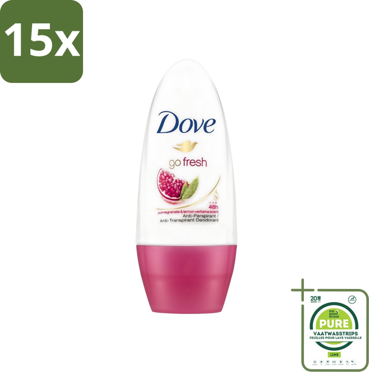15 x Dove - Deodorant - Roll-on Go Fresh Granaatappel - Frisse geur - 50 ml - Grootverpakking - Dove Go Fresh - Granaatappel - Roll-on Deodorant - Anti-transpirant - Fruitige Geur