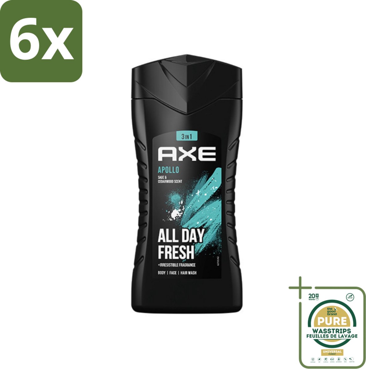 Axe - 3-in-1 Douchegel - Apollo - Sage & Cedarwood - 250 ml - Voordeelverpakking - 6 stuks - 3-in-1 - Cederhout