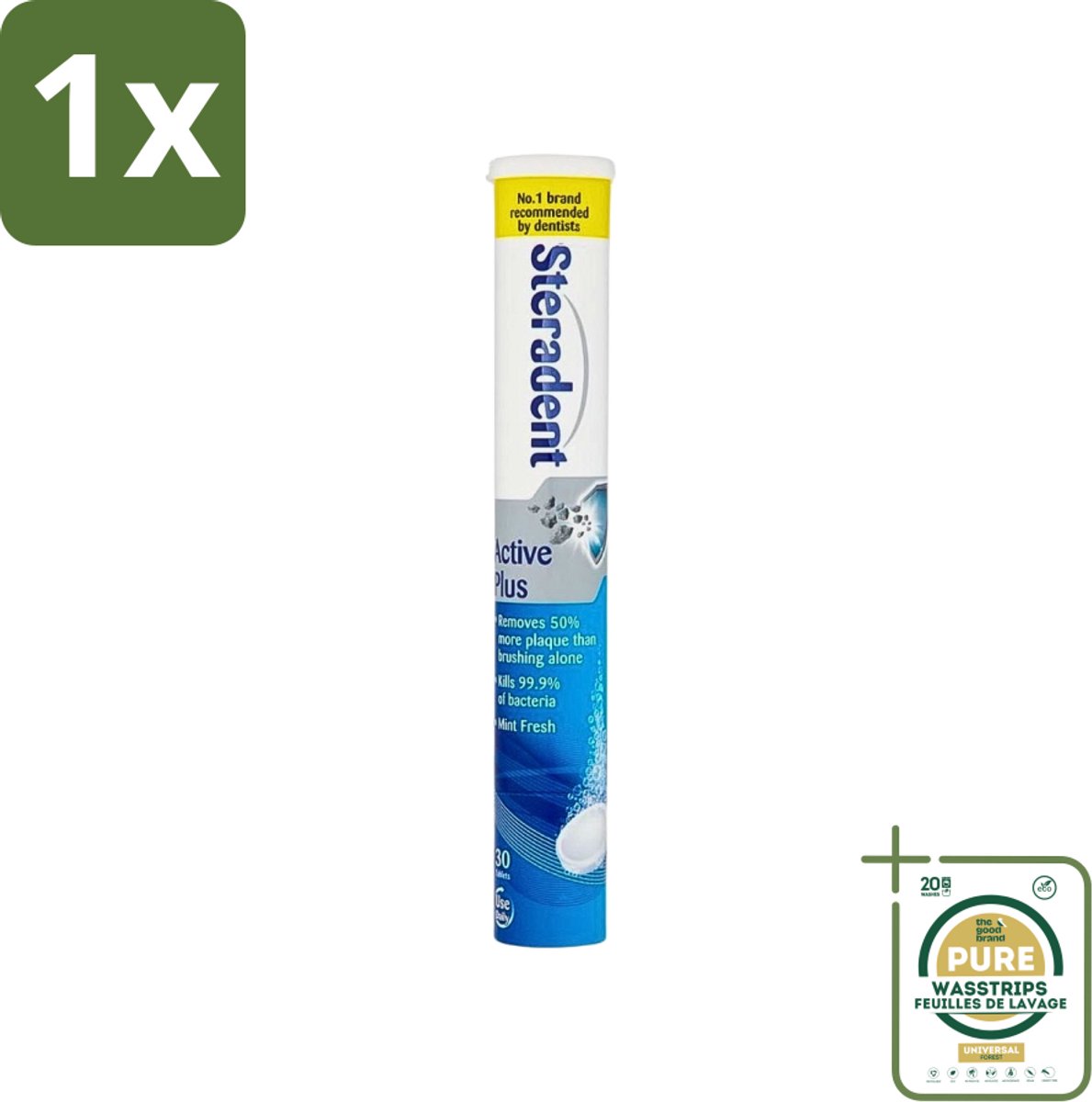 1 x Steradent - Reinigingstabletten - Active Plus - Tegen Tandsteen & Bacteriën - 30 Tabletten- Kunstgebit Reinigen - Tandsteen Verwijderen - Bacteriën Doden - Mondhygiëne - Adem Verfrissen