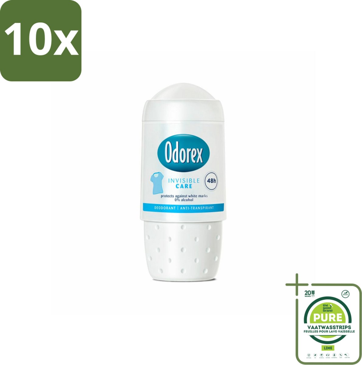 10 x Odorex Deodorant Roller Invisible Care 50 ml - Grootverpakking - Onvisibel Deodorant - Anti-witte Strepen - Zweetbescherming - Frisheid - Huidvriendelijk