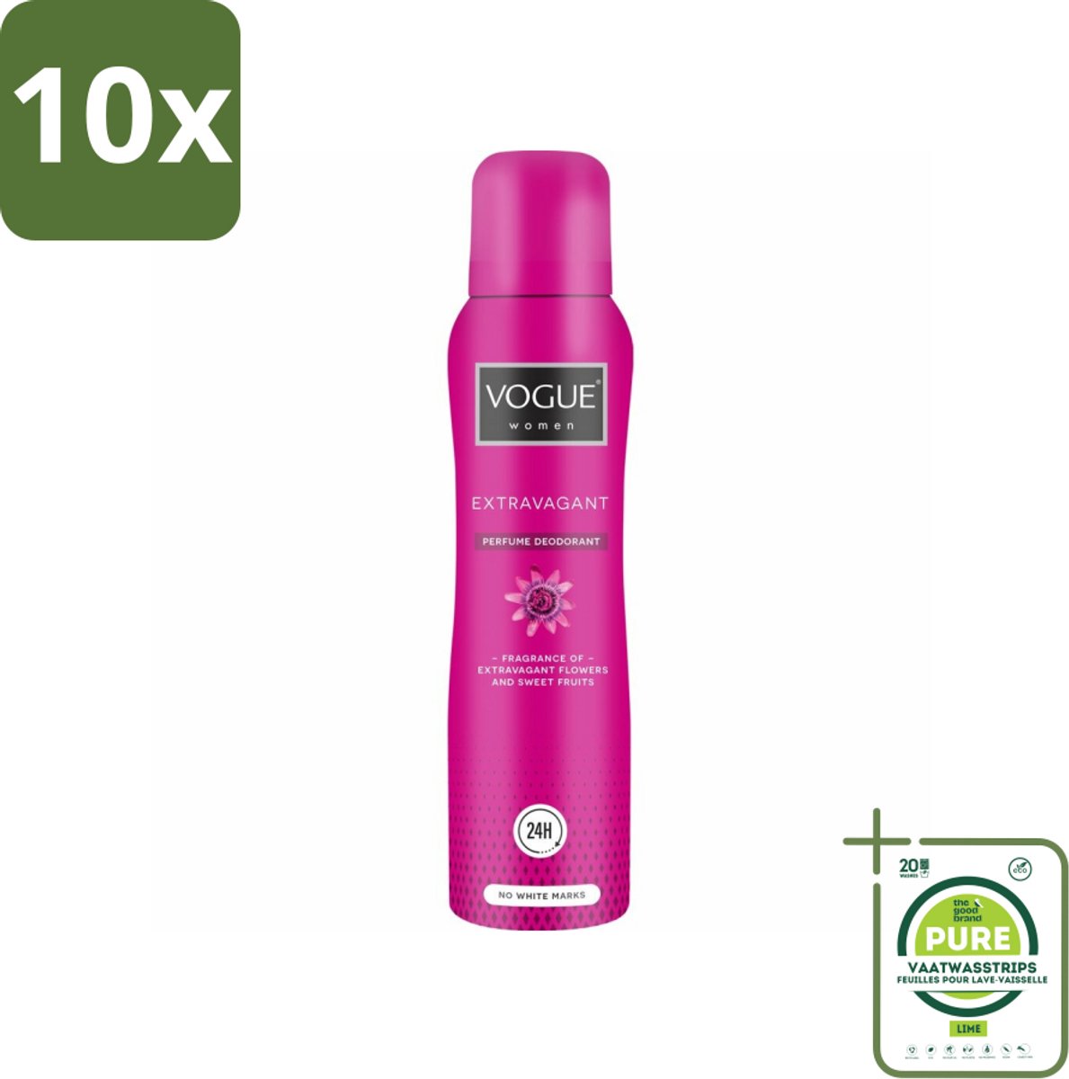 10 x Vogue Women - Extravagant - Parfum Deodorant - 150 ml - Grootverpakking - Parfum Deodorant - Fruitige Geur - Bloemige Geur - 24 Uur Bescherming - Zweetbescherming
