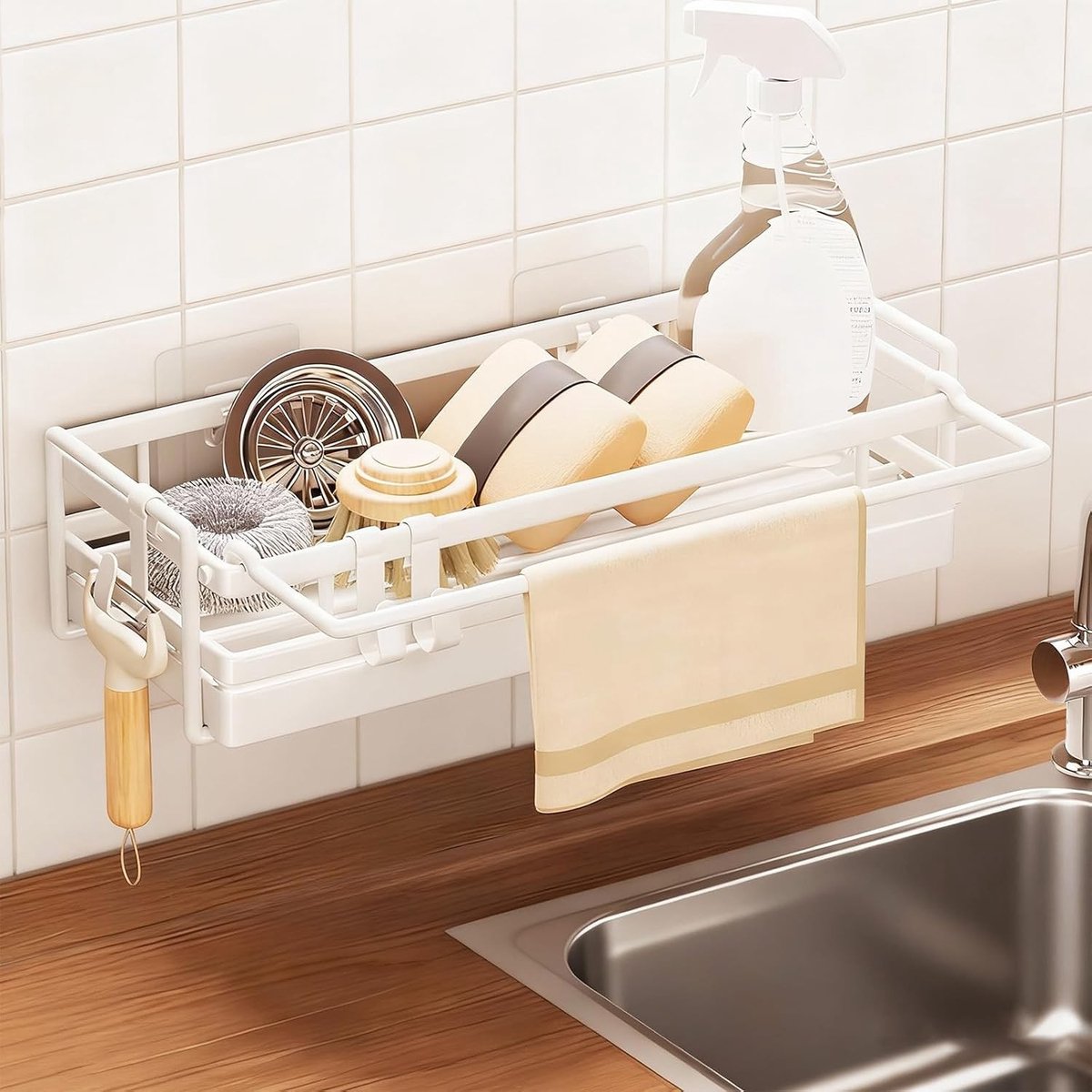 Praktische Organizer voor de Keukenkraan met Handdoekhouder, Afvoerbak en 2 Haakjes voor Keukenaccessoires en Keukenbenodigdheden