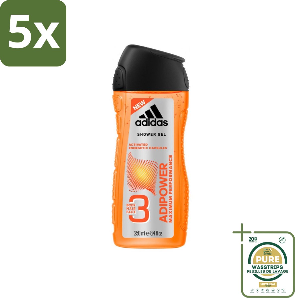 5 x Adidas - 3-in-1 Douchegel - Adipower Maximum Performance -250 ml - Grootverpakking - Douchegel - Douche En Shampoo - Sportverzorging - Energie En Frisheid - Verzorgende Douche