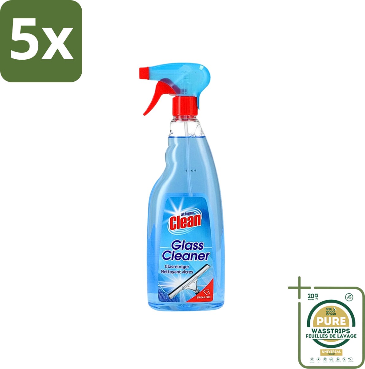 5 x At Home - Clean - Glasreiniger Spray - Streepvrij - 750 ml - Grootverpakking - Glas Reinigen - Streepvrije Reiniging - Glas Reiniger - Ramen Reinigen - Spiegel Reinigen